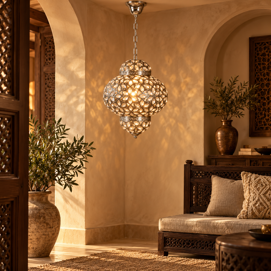 Oosterse lamp Djerba zilver in een stijlvol interieur