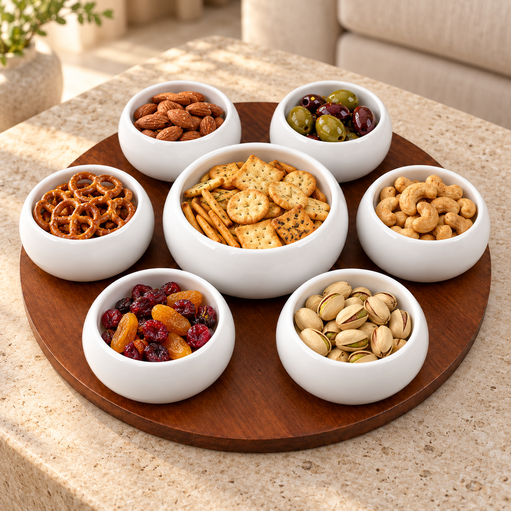 Ronde serveerset met zeven kommen gevuld met verschillende snacks