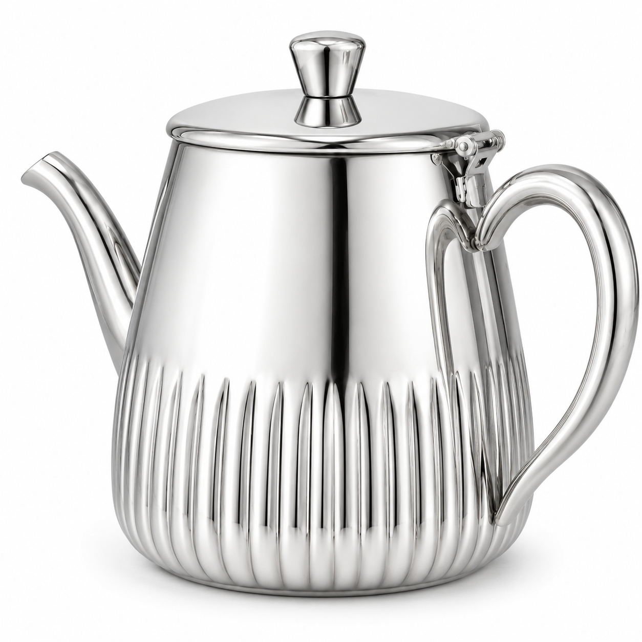 Detail van deksel, sluiting en verticale ribbels van RVS theepot