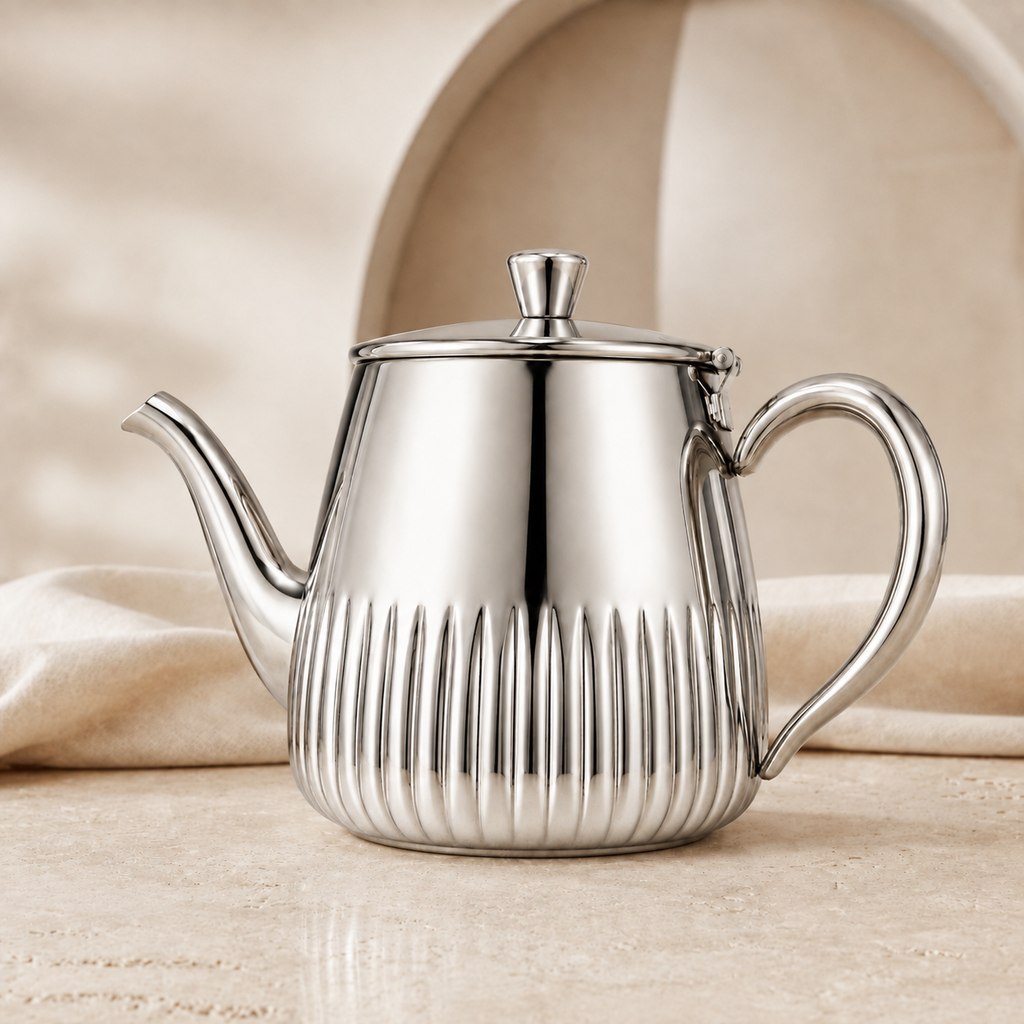 RVS theepot met verticale ribbels in een luxe beige interieur