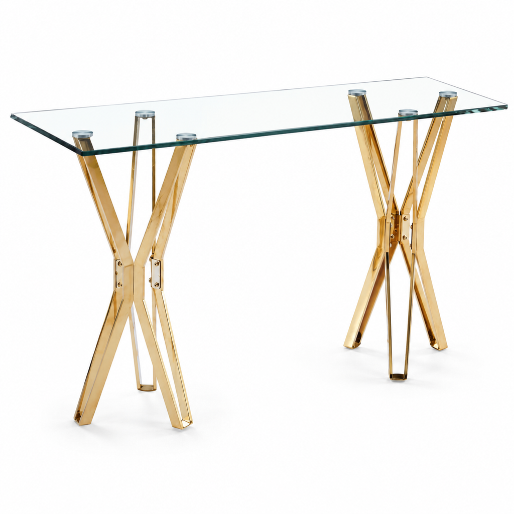 Sidetable met glazen blad en gouden waaiervormig onderstel