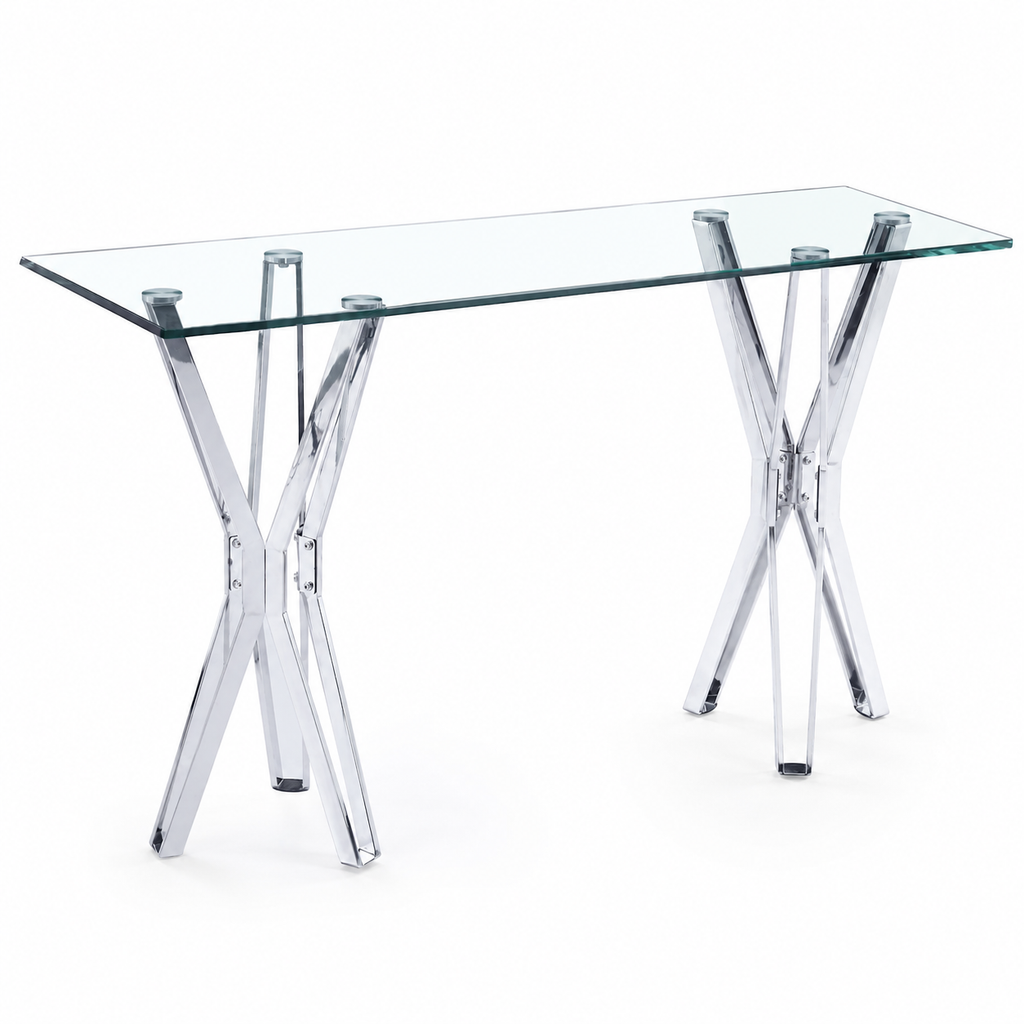 Sidetable met glazen blad en zilveren waaiervormig onderstel