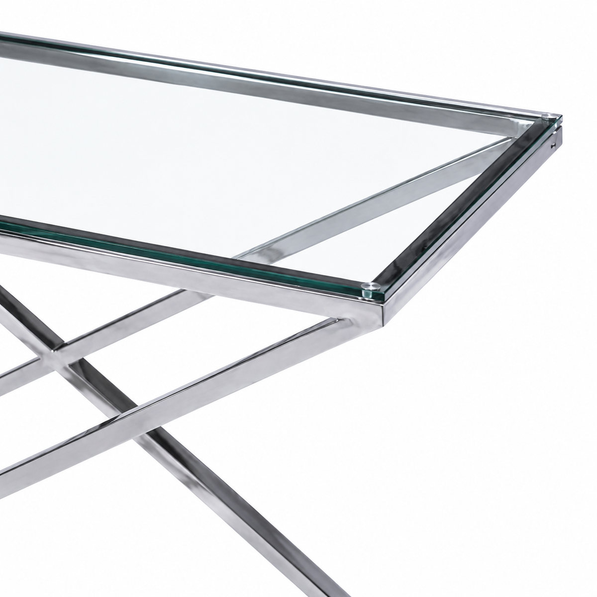 Detail van het glazen blad en chromen frame van de sidetable