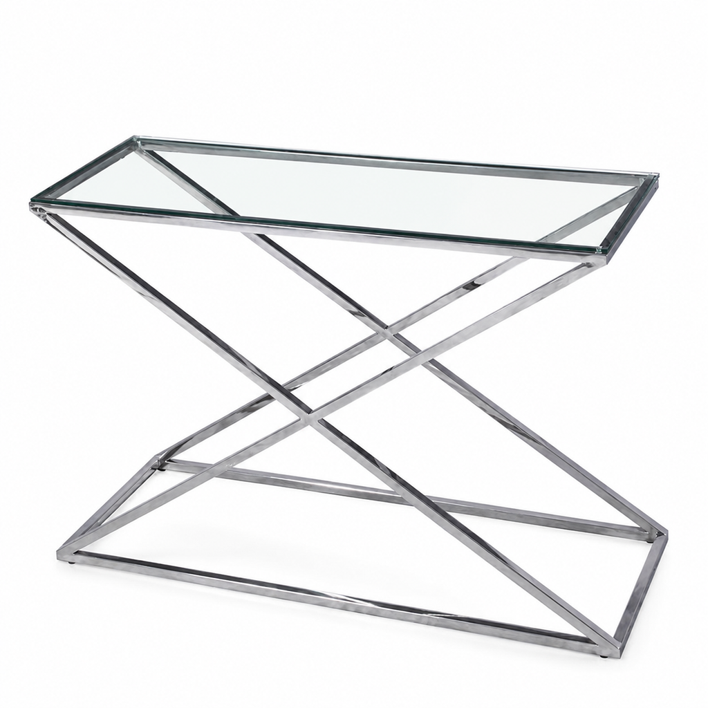 Zilveren sidetable met glazen blad en gekruist X-onderstel