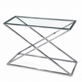 Zilveren sidetable met glazen blad en gekruist X-onderstel