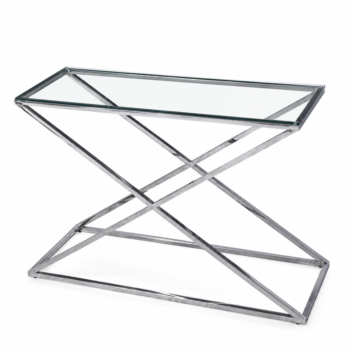Zilveren sidetable met glazen blad en gekruist X-onderstel