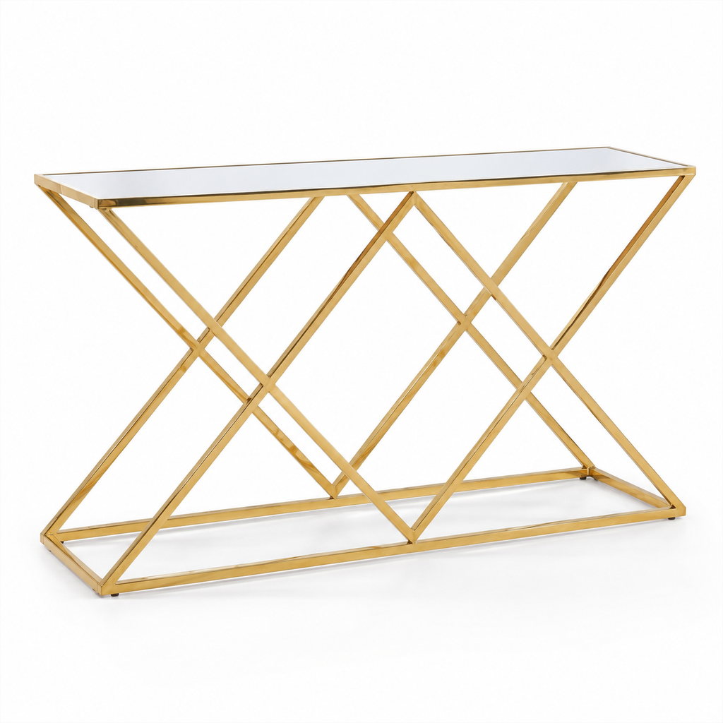 Gouden sidetable met spiegelblad en geometrisch onderstel