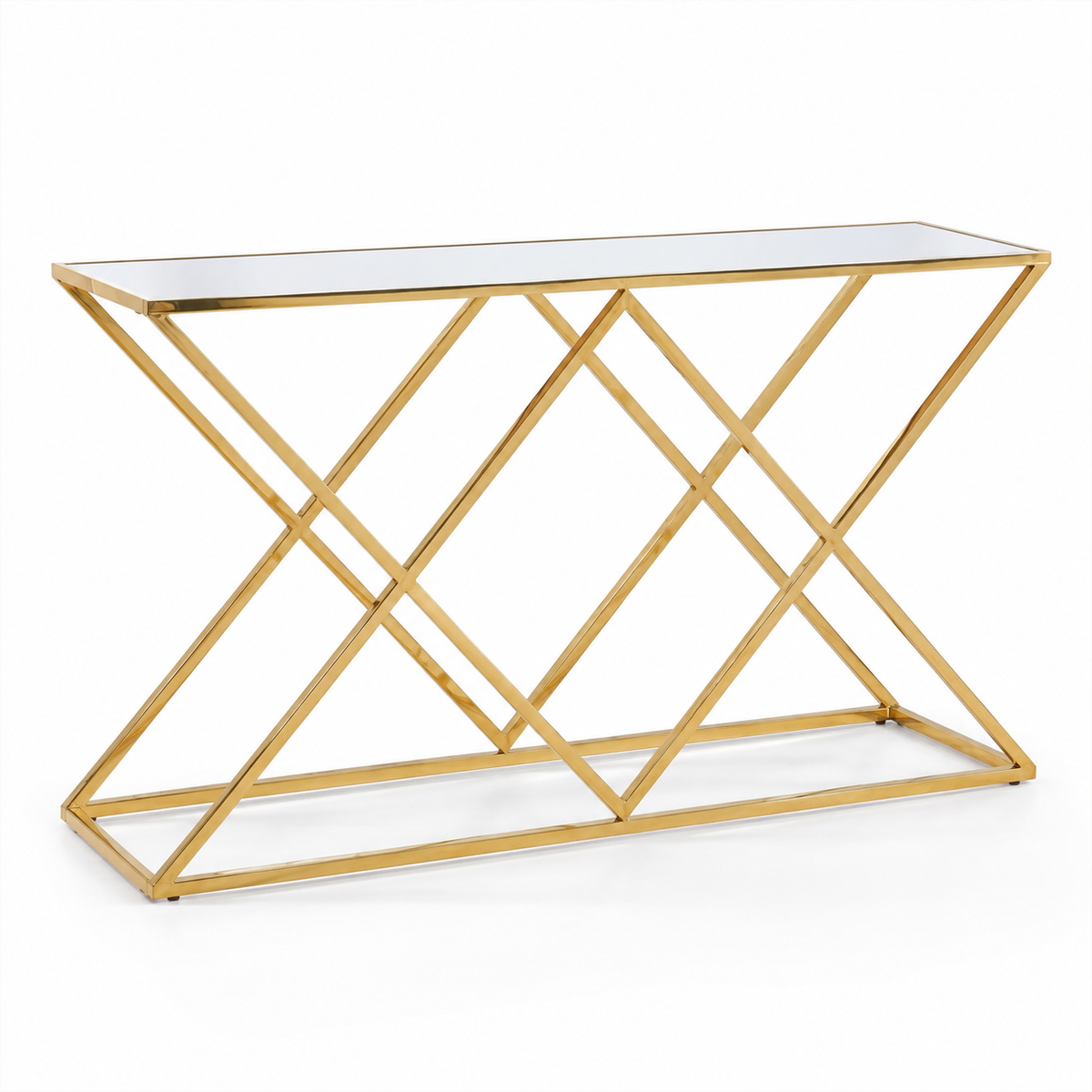 Gouden sidetable met spiegelblad en geometrisch onderstel