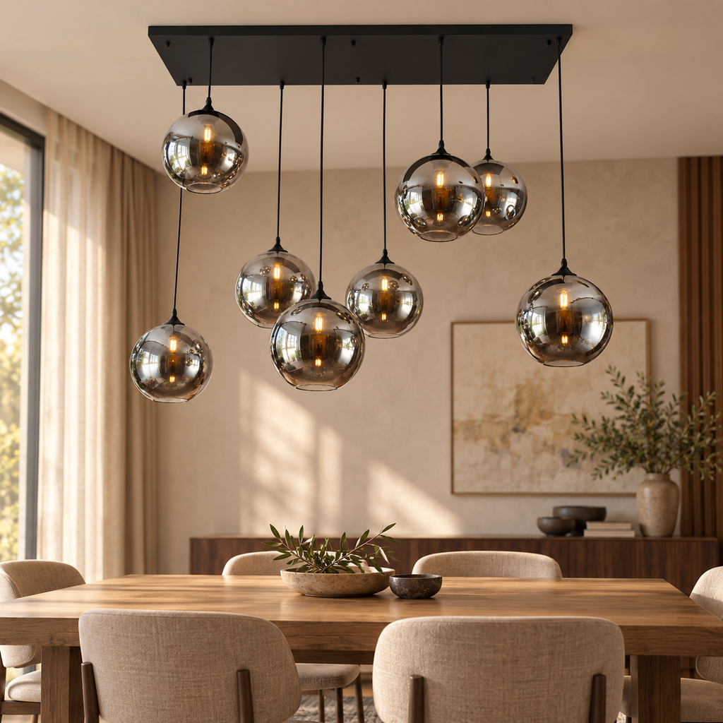 Smoke plafondlamp 8-lichts boven een eettafel