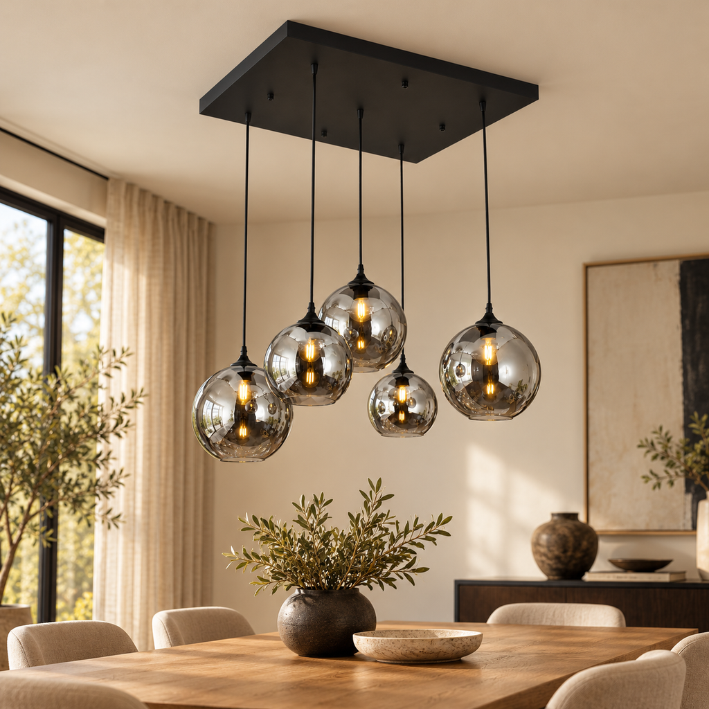 Smoke plafondlamp met vijf rookglazen bollen boven een eettafel
