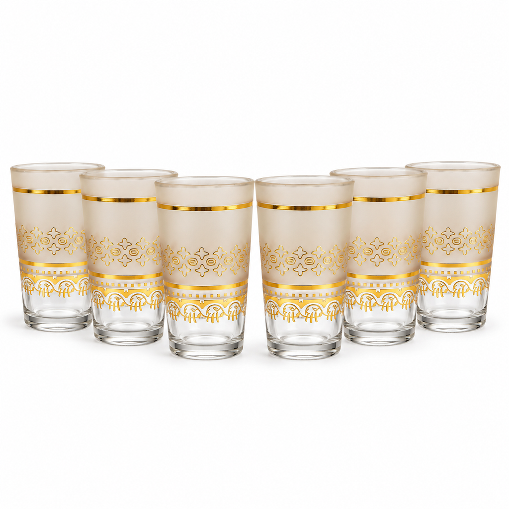 Set van 6 matte theeglazen met goudkleurige banden en sierpatronen