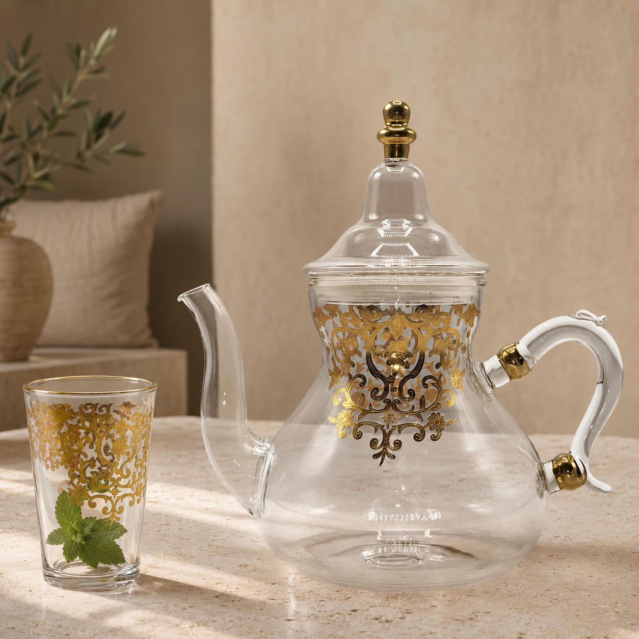 Theepot Ifran Goud in een luxe beige interieur