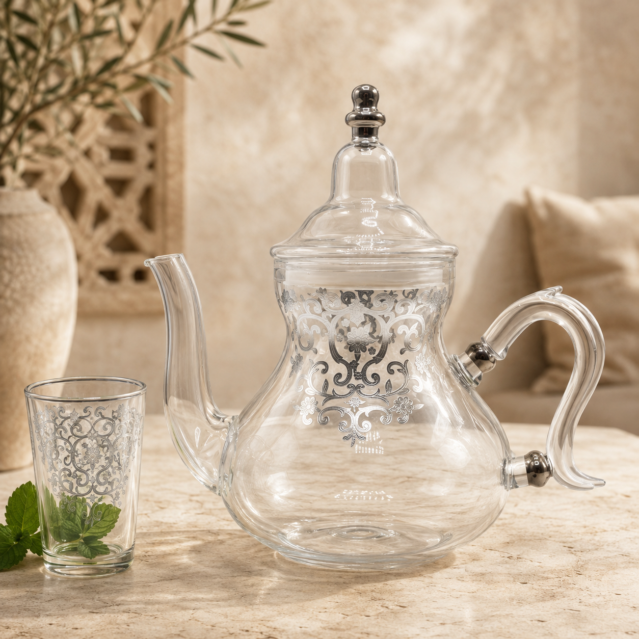 Theepot Ifran Zilver in een luxe beige interieur