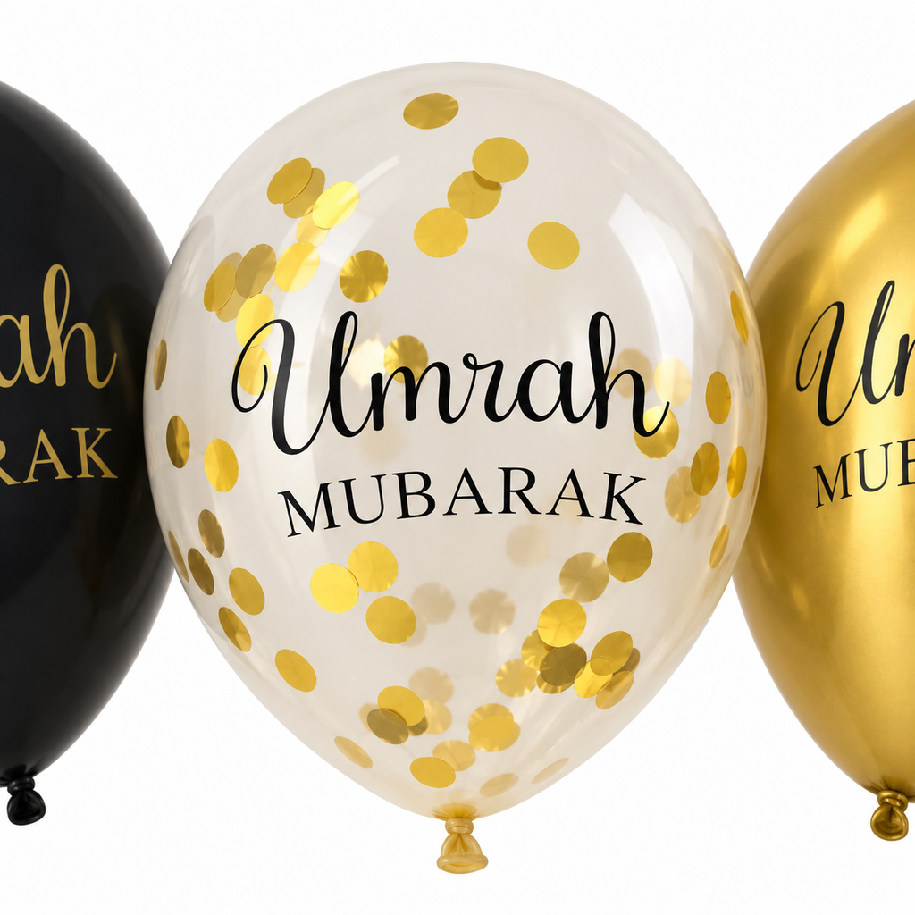 Detail Umrah Mubarak opdruk en gouden confetti