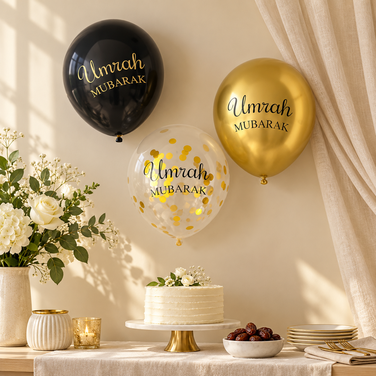Umrah Mubarak ballonnen boven een feestelijke welkomsttafel
