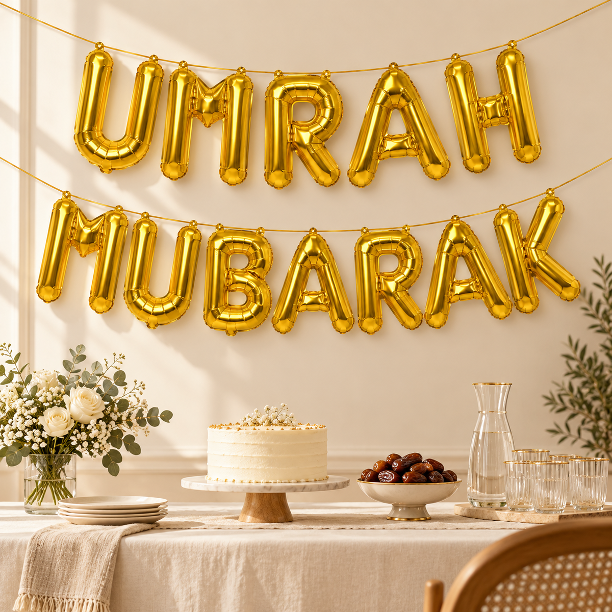 Gouden Umrah Mubarak letterballonnen boven een welkomsttafel