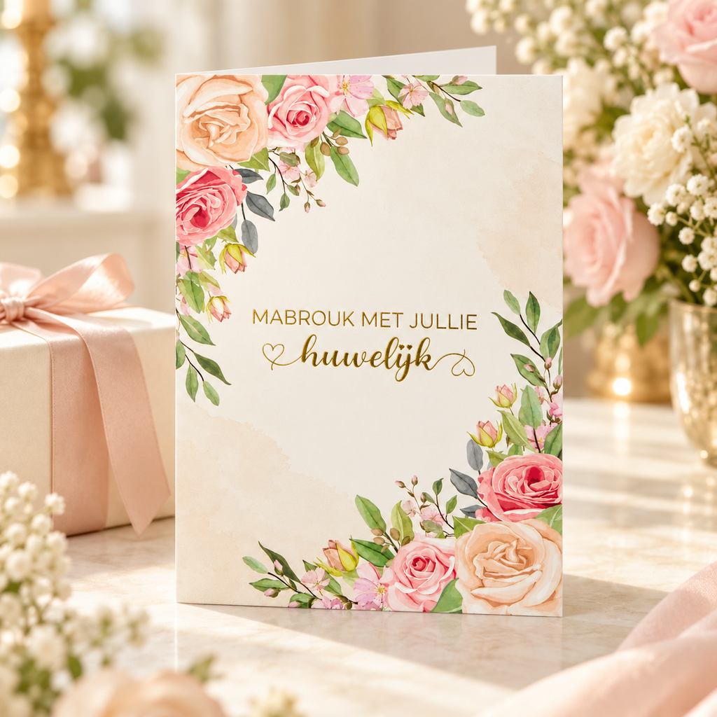 Huwelijkskaart Mabrouk met jullie huwelijk bij een cadeau