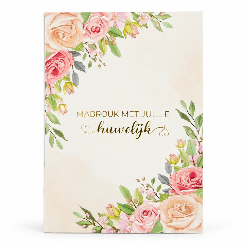 Wenskaart Mabrouk met jullie huwelijk met roze rozen en gouden tekst