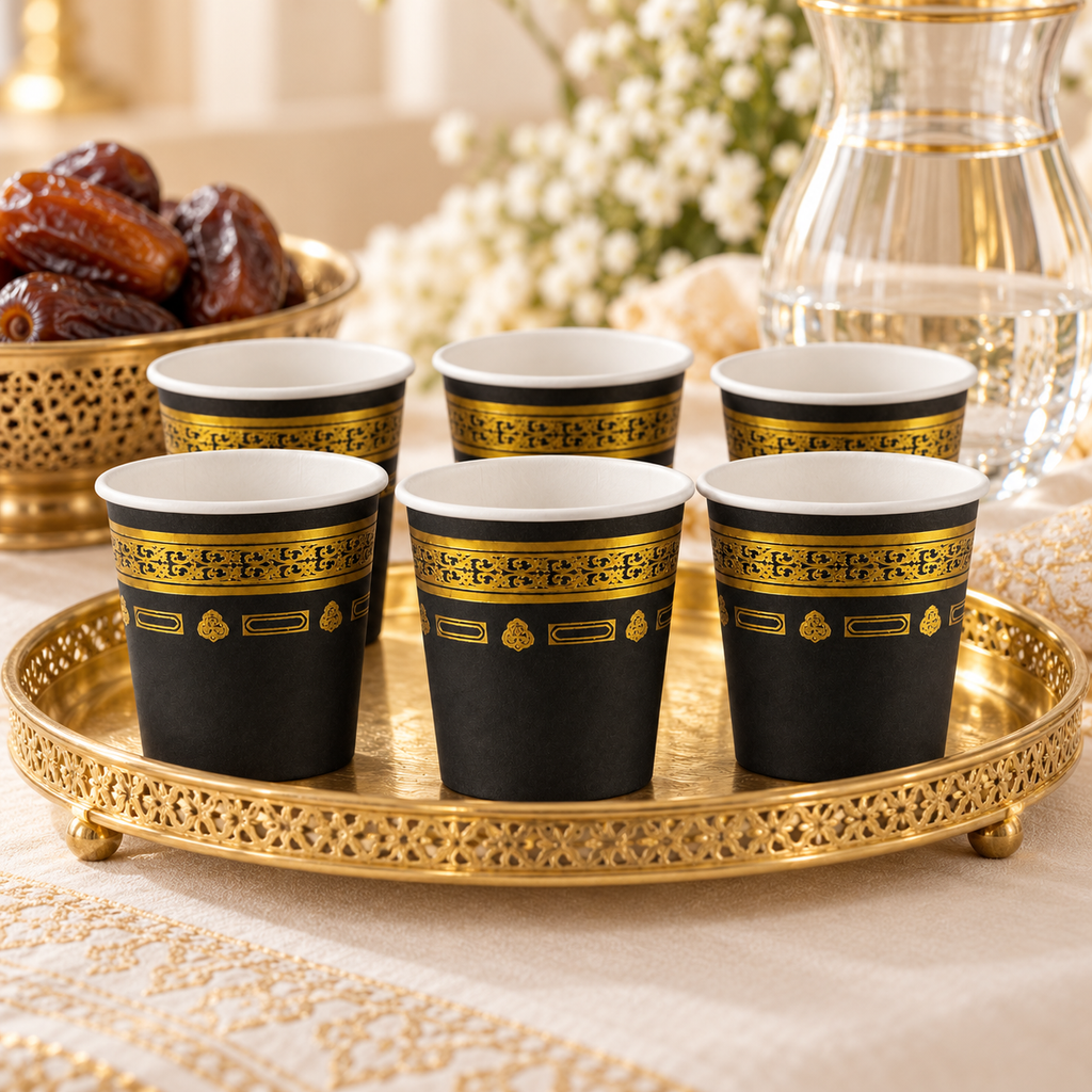 Zes zwart gouden ZamZam-bekers op een feestelijke welkomsttafel