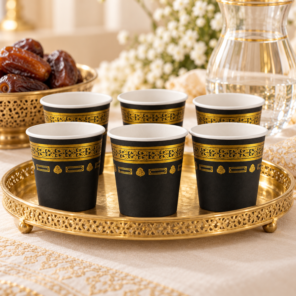 Zes zwart gouden ZamZam-bekers op een feestelijke welkomsttafel